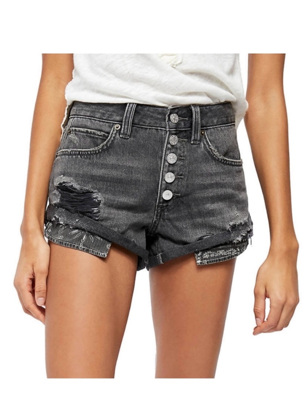 Free People Distressed Button-Front Denim Shorts Size 26 Black Mambo Wash